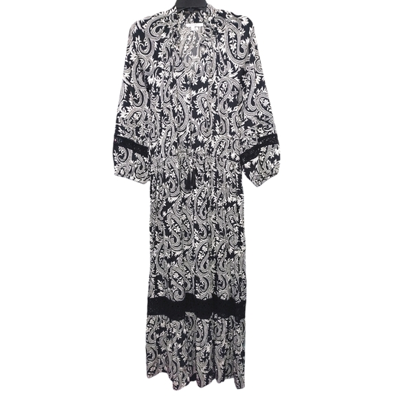 Chico's Paisley Black White Crochet Detail Ruffle Maxi Dress Women's Size 14 - Picture 6 of 14